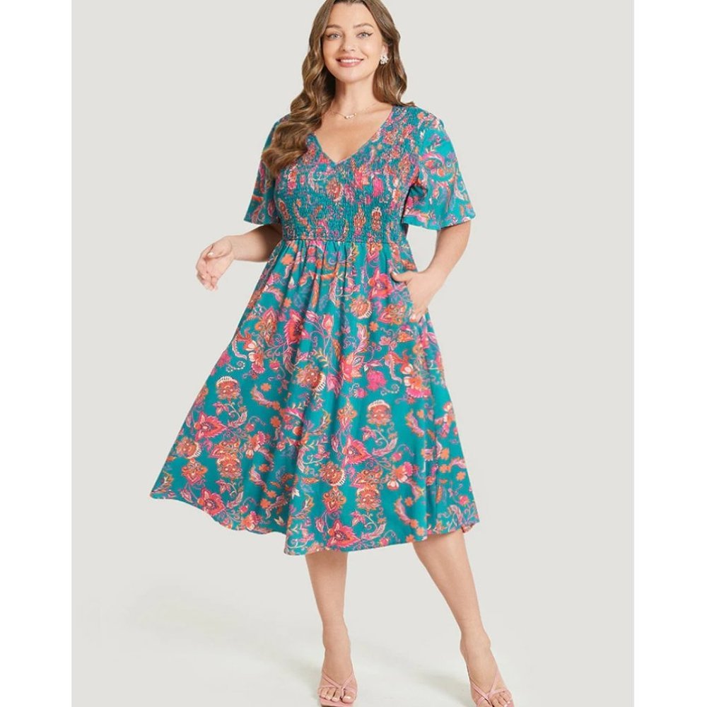 NWT Bloomchic Teal Bandana Pocket Shirred V Neck Ruffle Hem Dress Size 14-16/1X